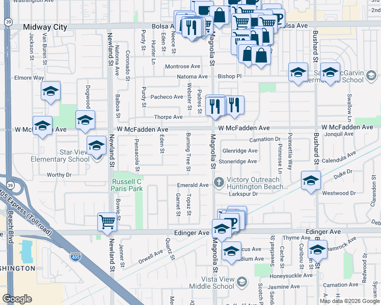 map of restaurants, bars, coffee shops, grocery stores, and more near 8891 Pebble Beach Circle in Westminster