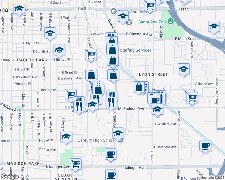 map of restaurants, bars, coffee shops, grocery stores, and more near 830 S Grand Ave in Santa Ana