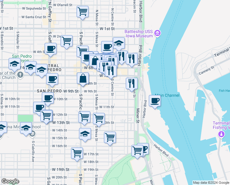 map of restaurants, bars, coffee shops, grocery stores, and more near 285 West 9th Street in Los Angeles