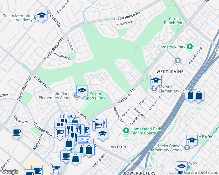 map of restaurants, bars, coffee shops, grocery stores, and more near 2861 Ballesteros Lane in Tustin