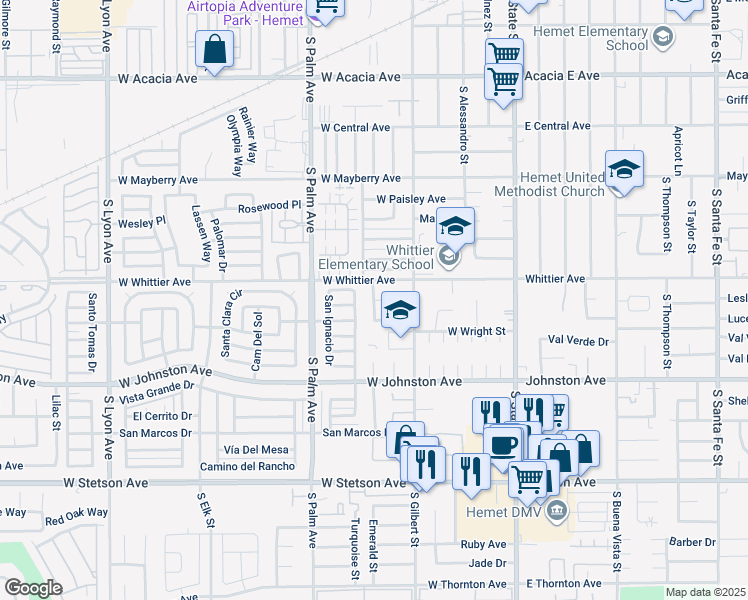 map of restaurants, bars, coffee shops, grocery stores, and more near Madera Street in Hemet
