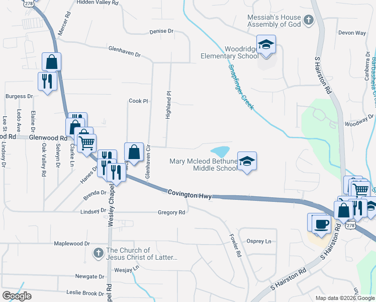 map of restaurants, bars, coffee shops, grocery stores, and more near 4458 Highland Road in Decatur