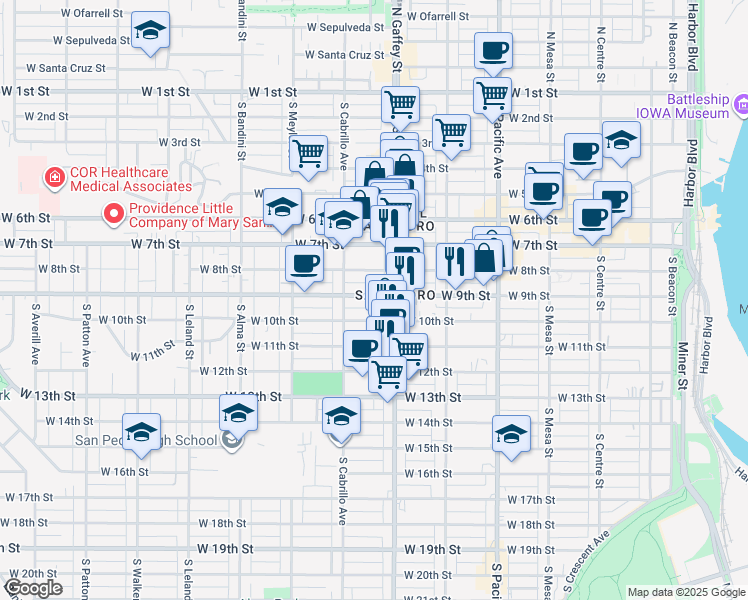map of restaurants, bars, coffee shops, grocery stores, and more near 739 West 9th Street in Los Angeles