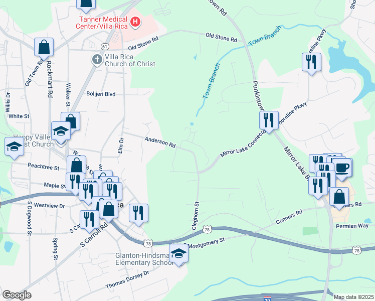 map of restaurants, bars, coffee shops, grocery stores, and more near 108 Anderson Road in Villa Rica