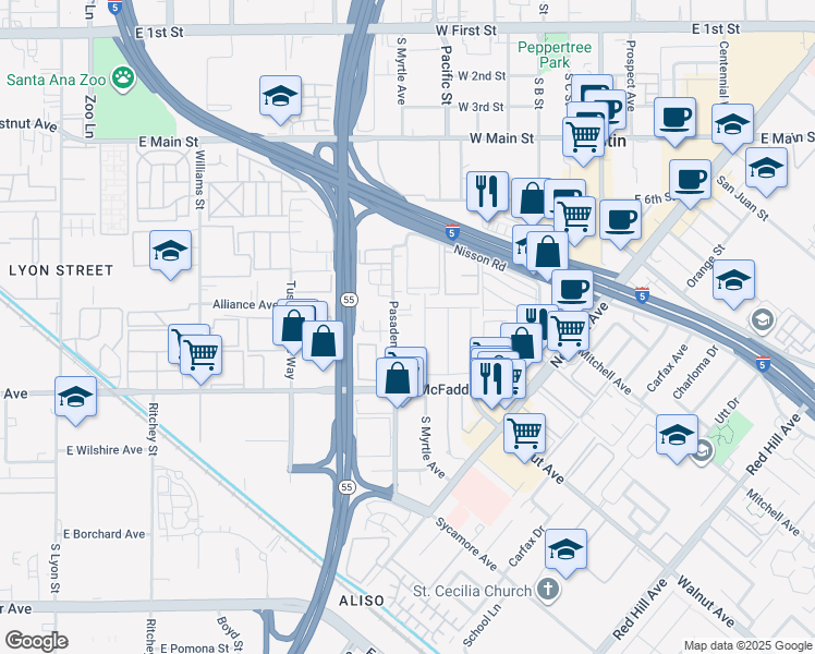 map of restaurants, bars, coffee shops, grocery stores, and more near 15611 South Myrtle Avenue in Tustin