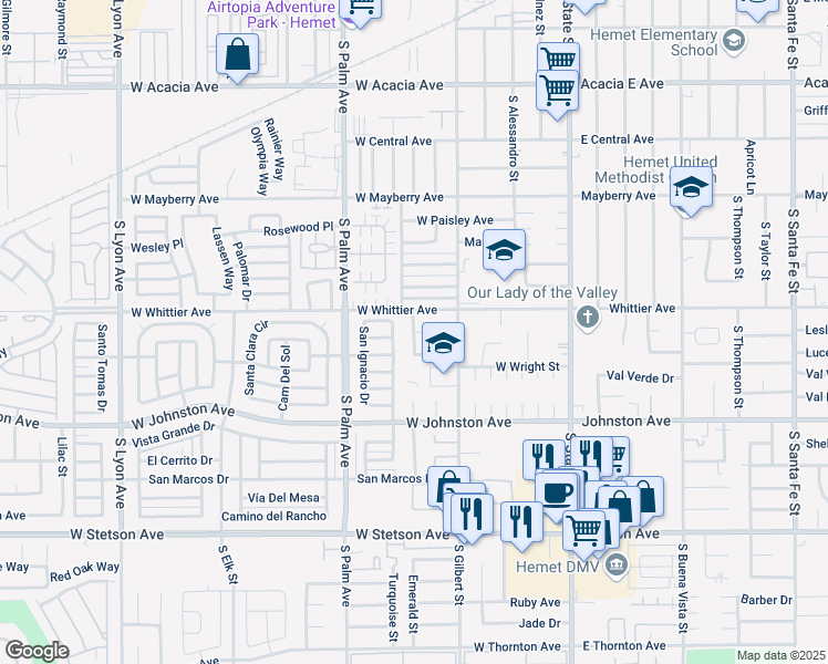 map of restaurants, bars, coffee shops, grocery stores, and more near Madera Street in Hemet