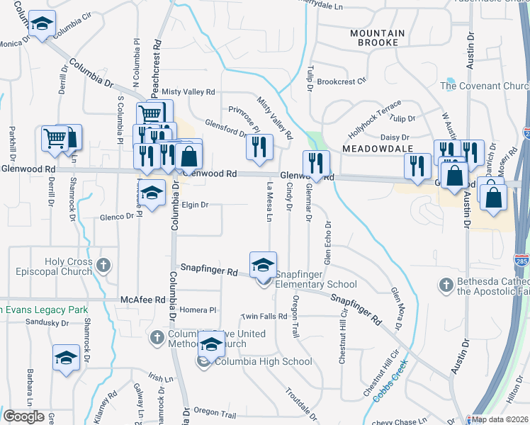 map of restaurants, bars, coffee shops, grocery stores, and more near 1877 La Mesa Lane in Decatur