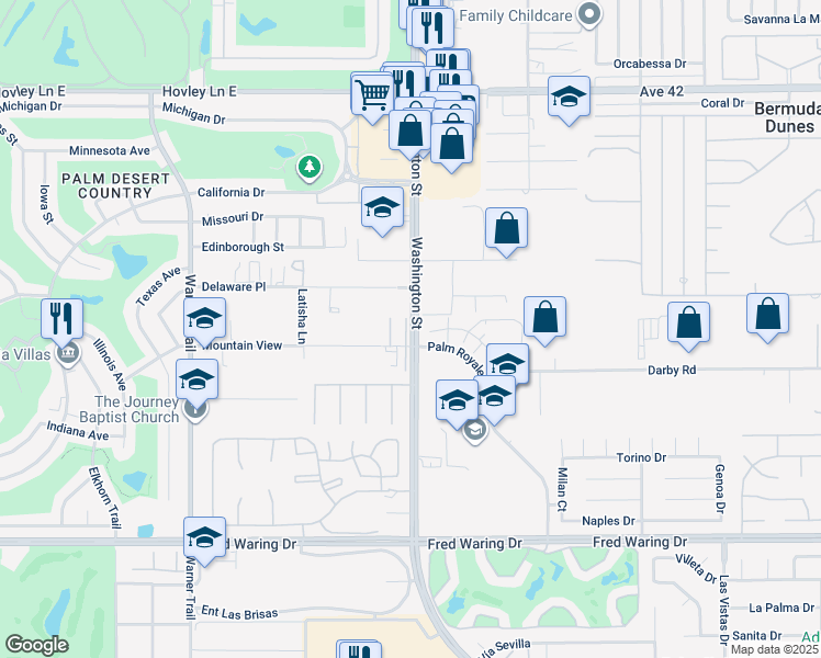 map of restaurants, bars, coffee shops, grocery stores, and more near 43095 Washington Street in Palm Desert