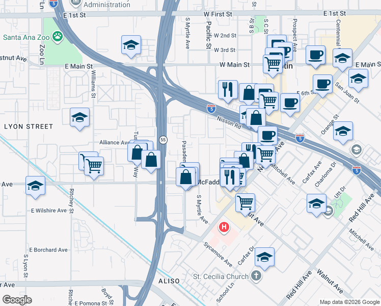 map of restaurants, bars, coffee shops, grocery stores, and more near 15611 South Myrtle Avenue in Tustin