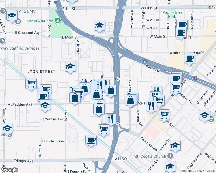 map of restaurants, bars, coffee shops, grocery stores, and more near 15610 Tustin Village Way in Tustin