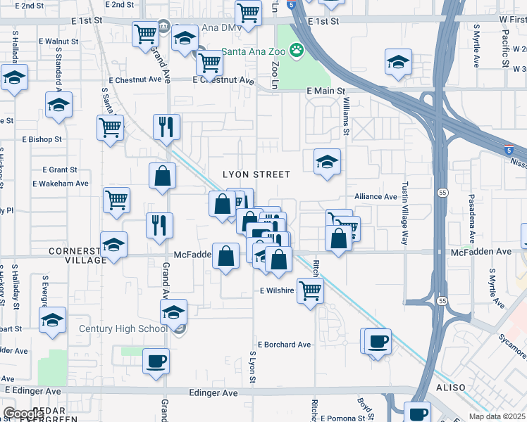 map of restaurants, bars, coffee shops, grocery stores, and more near 919 South Lyon Street in Santa Ana
