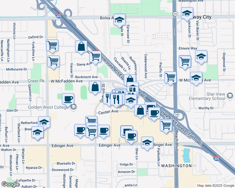 map of restaurants, bars, coffee shops, grocery stores, and more near 15555 Huntington Village Lane in Huntington Beach