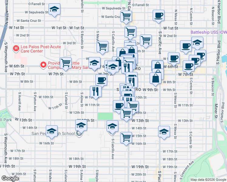 map of restaurants, bars, coffee shops, grocery stores, and more near 808 South Cabrillo Avenue in Los Angeles
