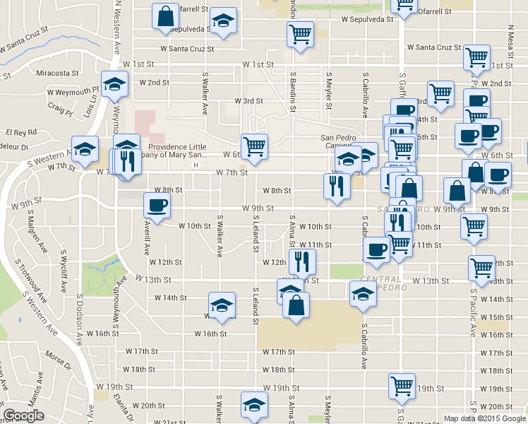 map of restaurants, bars, coffee shops, grocery stores, and more near 1072 West 9th Street in Los Angeles