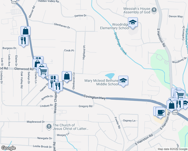 map of restaurants, bars, coffee shops, grocery stores, and more near 4458 Highland Road in Decatur