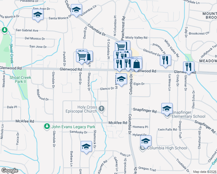 map of restaurants, bars, coffee shops, grocery stores, and more near 1860 South Columbia Place in Decatur