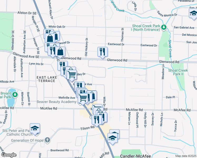 map of restaurants, bars, coffee shops, grocery stores, and more near 2638 Glenvalley Drive in Decatur