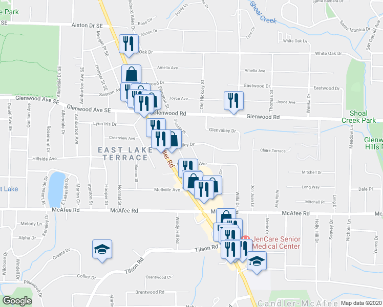 map of restaurants, bars, coffee shops, grocery stores, and more near 2605 Glenvalley Drive in Decatur