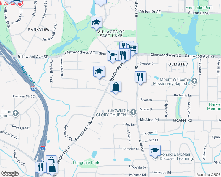 map of restaurants, bars, coffee shops, grocery stores, and more near 730 Fayetteville Road Southeast in Atlanta