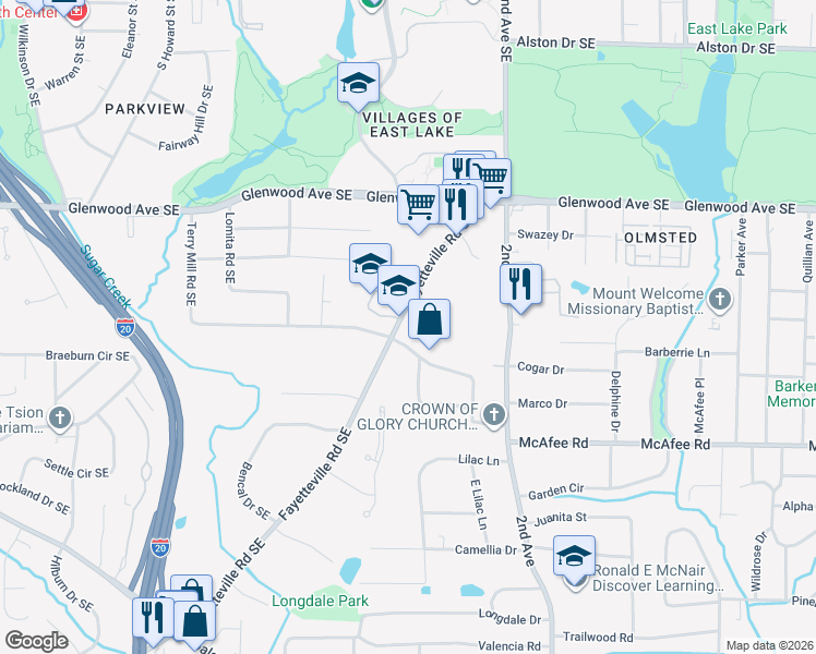 map of restaurants, bars, coffee shops, grocery stores, and more near 730 Fayetteville Road Southeast in Atlanta