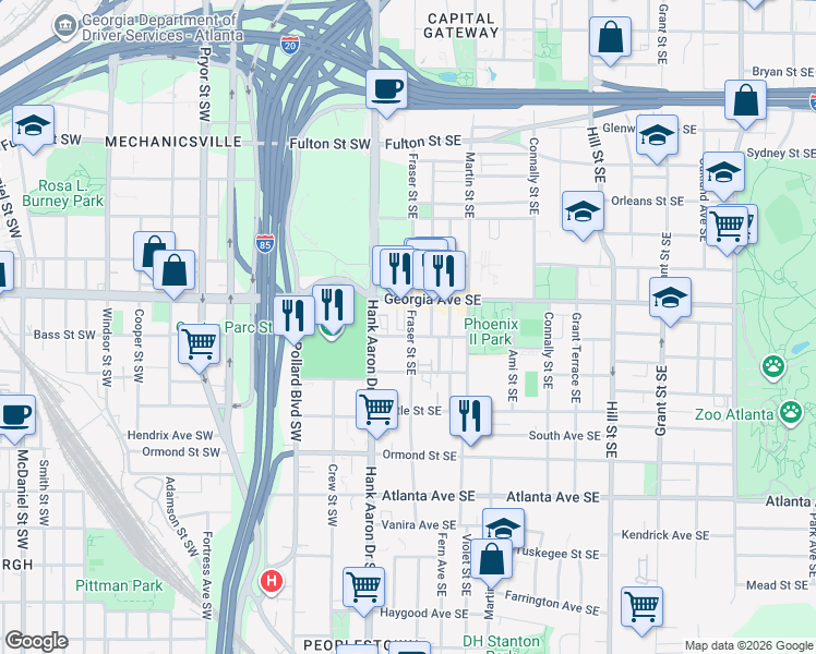 map of restaurants, bars, coffee shops, grocery stores, and more near 29 Georgia Avenue Southeast in Atlanta