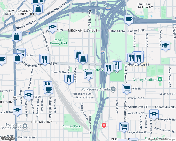 map of restaurants, bars, coffee shops, grocery stores, and more near 676 Pryor Street Southwest in Atlanta