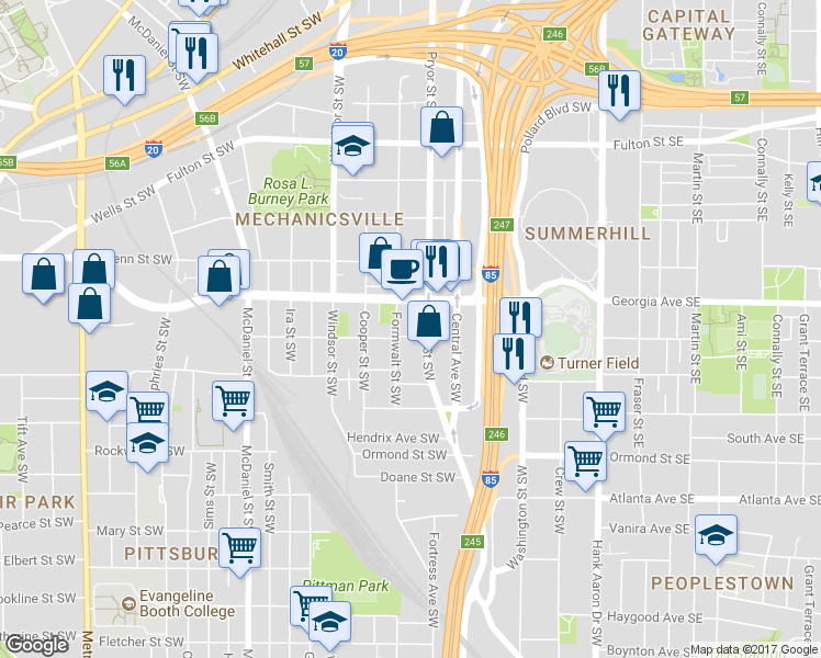 map of restaurants, bars, coffee shops, grocery stores, and more near 252 Ralph David Abernathy Boulevard in Atlanta