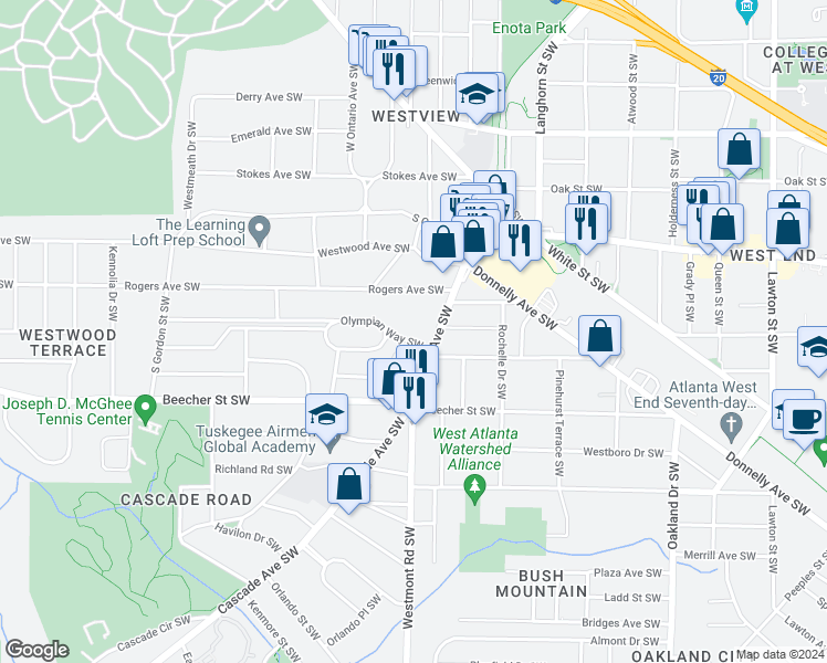 map of restaurants, bars, coffee shops, grocery stores, and more near 1551 Olympian Way Southwest in Atlanta