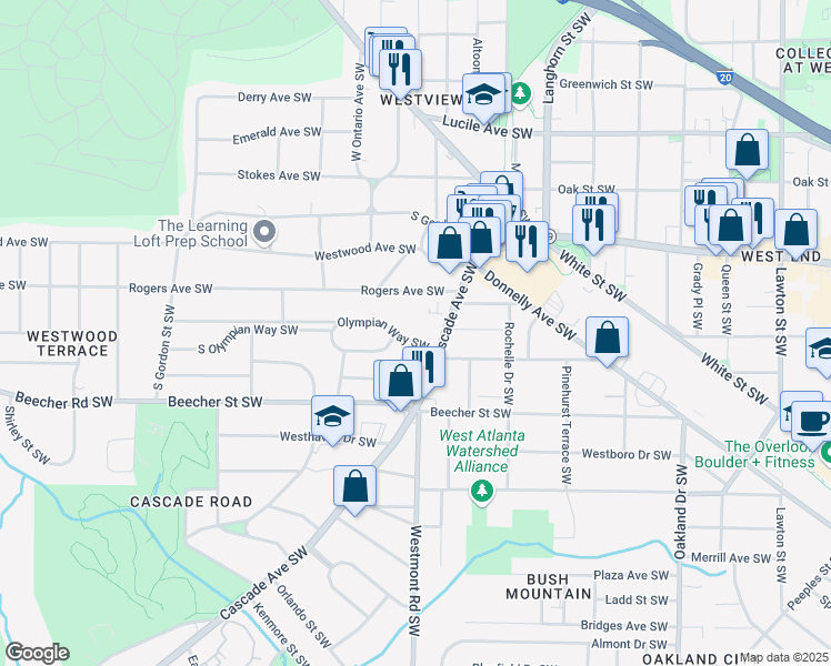 map of restaurants, bars, coffee shops, grocery stores, and more near 1551 Olympian Way Southwest in Atlanta