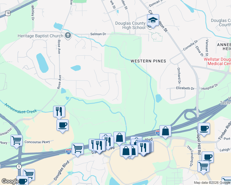 map of restaurants, bars, coffee shops, grocery stores, and more near 9043 Western Pines Drive in Douglasville