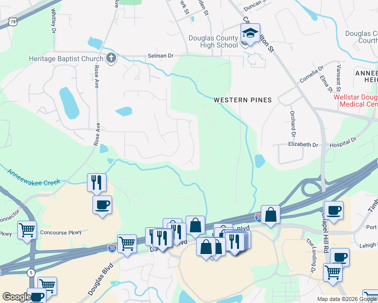 map of restaurants, bars, coffee shops, grocery stores, and more near 9043 Western Pines Dr in Douglasville