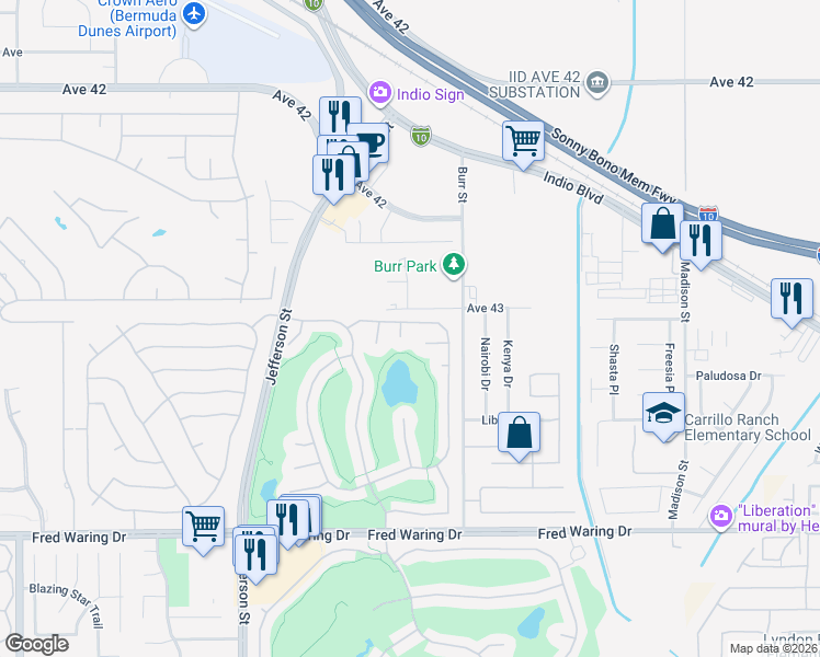 map of restaurants, bars, coffee shops, grocery stores, and more near 80571 Hoylake Drive in Indio