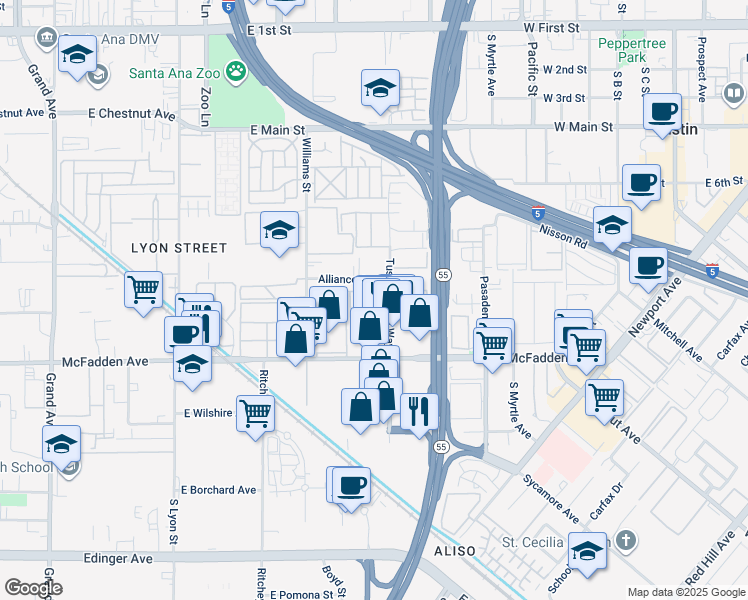 map of restaurants, bars, coffee shops, grocery stores, and more near 15701 Tustin Village Way in Tustin