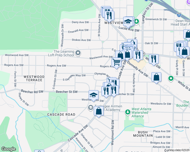 map of restaurants, bars, coffee shops, grocery stores, and more near 1629 Olympian Way Southwest in Atlanta