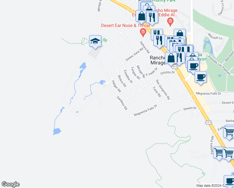 map of restaurants, bars, coffee shops, grocery stores, and more near 71420 Gardess Road in Rancho Mirage