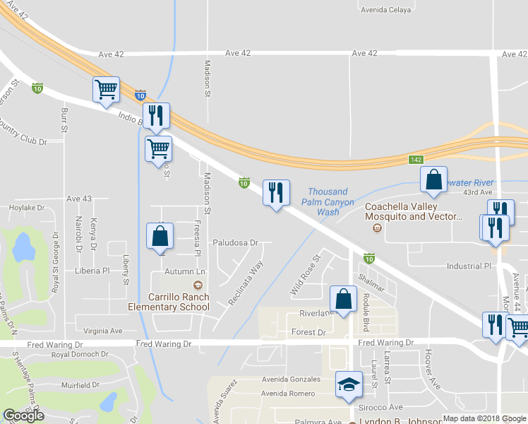 map of restaurants, bars, coffee shops, grocery stores, and more near 81225 Indio Boulevard in Indio