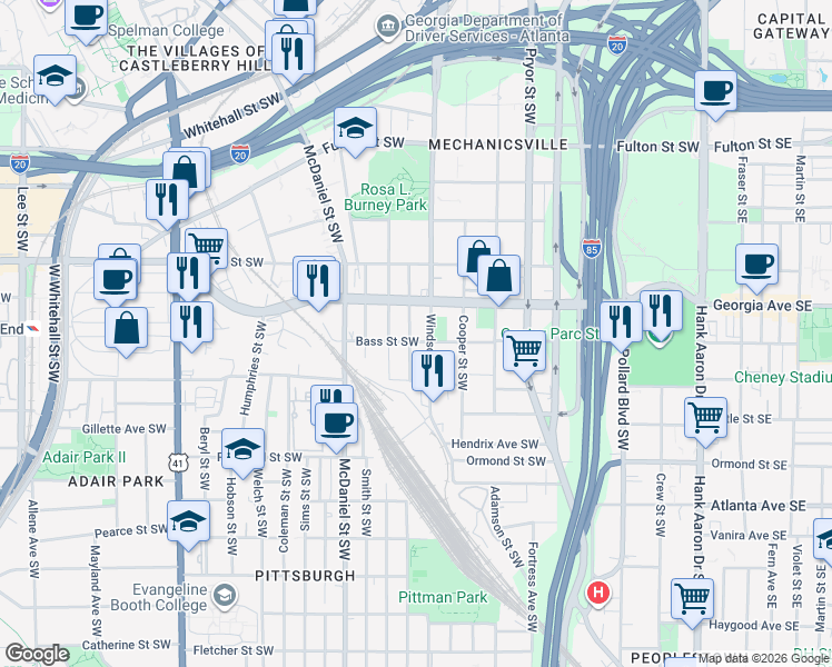 map of restaurants, bars, coffee shops, grocery stores, and more near 678 Garibaldi Street Southwest in Atlanta