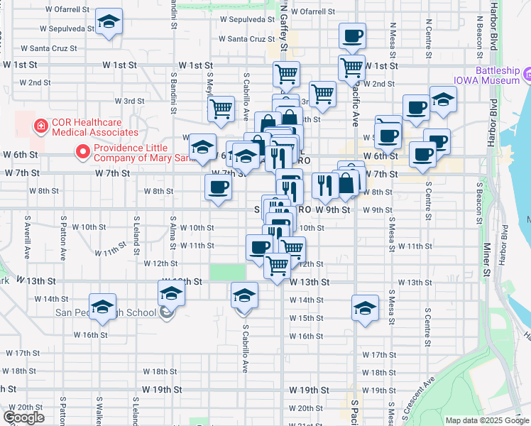 map of restaurants, bars, coffee shops, grocery stores, and more near 739 West 9th Street in Los Angeles