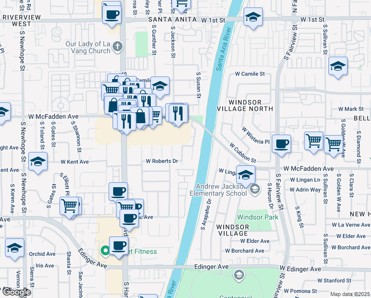 map of restaurants, bars, coffee shops, grocery stores, and more near 913 South Laurel Street in Santa Ana