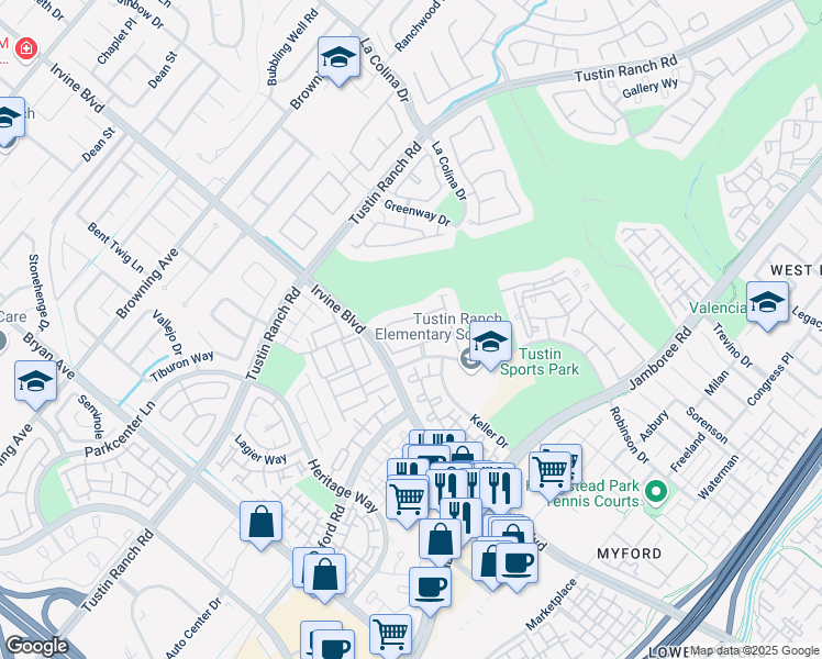 map of restaurants, bars, coffee shops, grocery stores, and more near 12924 Maxwell Drive in Tustin