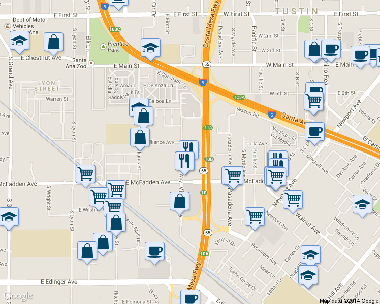 map of restaurants, bars, coffee shops, grocery stores, and more near 15610 Tustin Village Way in Tustin