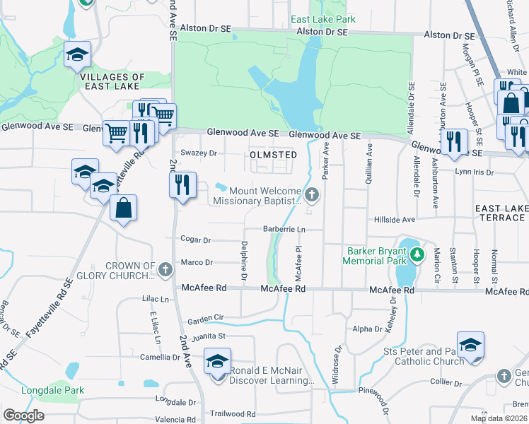 map of restaurants, bars, coffee shops, grocery stores, and more near 1887 Delphine Drive in Decatur