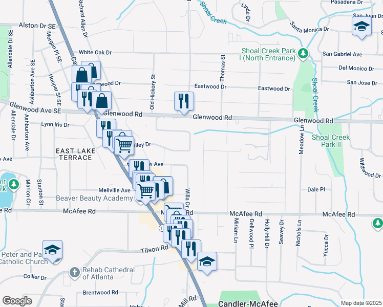 map of restaurants, bars, coffee shops, grocery stores, and more near 2685 Glenvalley Drive in Decatur