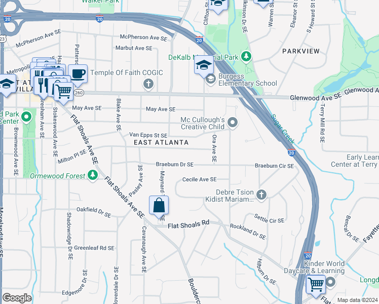 map of restaurants, bars, coffee shops, grocery stores, and more near 1661 Van Vleck Avenue Southeast in Atlanta
