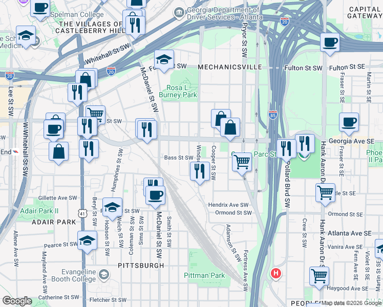map of restaurants, bars, coffee shops, grocery stores, and more near 678 Garibaldi Street Southwest in Atlanta