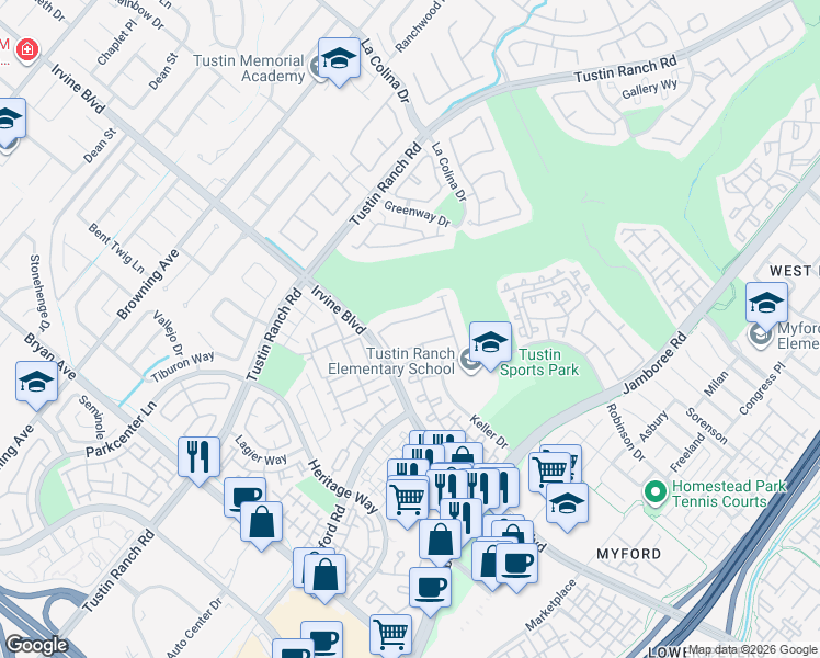 map of restaurants, bars, coffee shops, grocery stores, and more near 12924 Maxwell Drive in Tustin