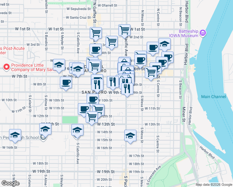map of restaurants, bars, coffee shops, grocery stores, and more near 555 West 9th Street in Los Angeles