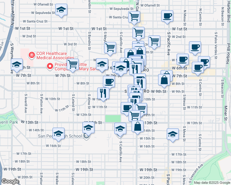 map of restaurants, bars, coffee shops, grocery stores, and more near 835 West 9th Street in Los Angeles