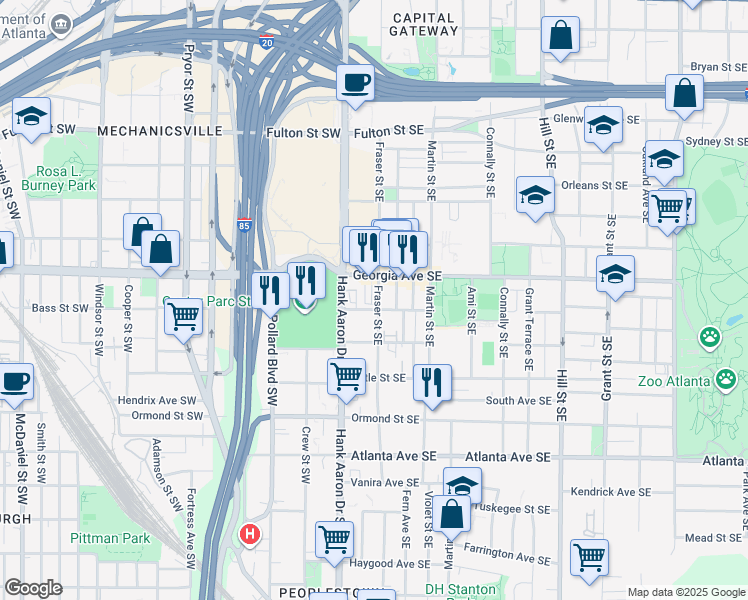 map of restaurants, bars, coffee shops, grocery stores, and more near 29 Georgia Avenue Southeast in Atlanta