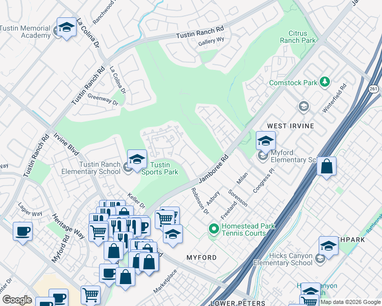 map of restaurants, bars, coffee shops, grocery stores, and more near in Tustin